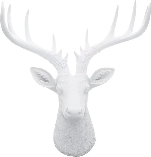 Top Brass Cabeza de ciervo blanca sintética de 12 1/2 pulgadas, decoración de pared de cuernos blancos, escultura de arte de taxidermia minimalista