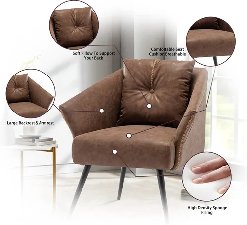 Miniatura 4 de Alunaune Silla decorativa moderna color marrón con otomana, silla individual tapizada de piel sintética para sala de estar, cómoda de mediados