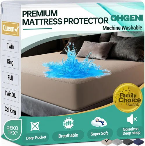 Miniatura 18 de OhGeni Protector de colchón 100% impermeable, tamaño Queen Beige, sábana bajera con bolsillos profundos, 6''-18'', material suave transpirable sin