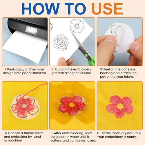Miniatura 5 de FURWEY 8 piezas 8.5"x11" Estabilizador de bordado soluble en agua adhesivo, papel imprimible que se disuelve al lavar, permite imprimir o dibujar