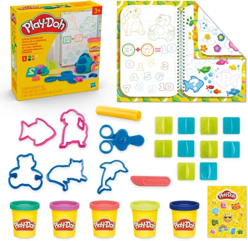 Play Doh - Juego de aprendizaje creativo que incluye mantel, calcomanías, 5 cortadores de animales, 10 sellos, 3 herramientas y 5 latas de masa