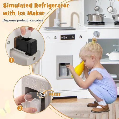 Miniatura 3 de HONEY JOY Juego de cocina de esquina para niños, juego de cocina de juguete de madera con luces y sonidos, campana extractora, máquina de hielo