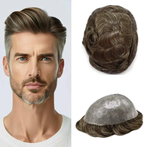 Miniatura 117 de Peluca completa de poliuretano para hombre, sistemas de reemplazo de cabello humano, piel fina y duradera, para hombre, prótesis de cabello