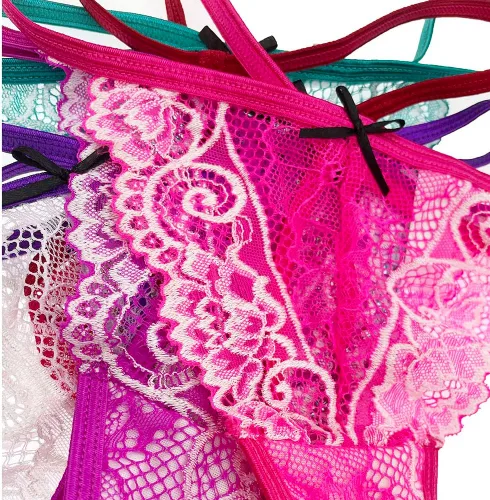 Miniatura 4 de Paquete de 6 tangas de encaje para mujer, ropa interior sexy con patrón de encaje y colores surtidos