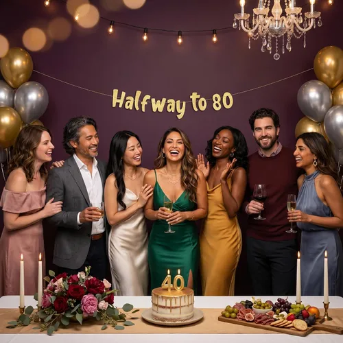 Miniatura 9 de Cartel con purpurina dorada preencordada de medio camino a 80, decoraciones de 40 cumpleaños y aniversario para hombres y mujeres, suministros