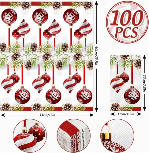 Miniatura 2 de AnyDesign Paquete de 100 servilletas de Navidad para invitados, bola colgante de Navidad, patrón de cono de pino, servilletas de papel desechables
