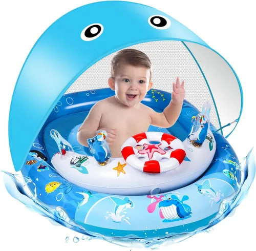 Flotador de piscina para bebé con toldo, flotador de natación para bebé con toldo de protección solar UPF50+ y consola de juegos de juguete,