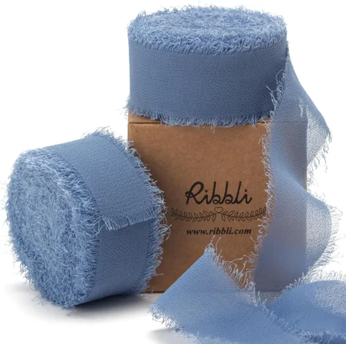 Miniatura 24 de Ribbli Cinta de Gasa Azul Marino Profundo de 1-1/2 pulgadas x 20 Yardas Cinta de Seda de Gasa con Flecos Hecha a Mano, Cinta Azul para Invitaciones