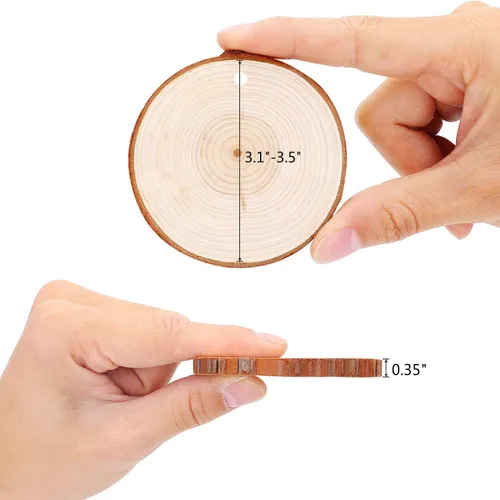 Miniatura 5 de Fuyit Juego de 25 rebanadas de madera natural de 3.1 a 3.5 pulgadas, sin acabar, preperforadas con agujero, círculos de madera, rebanadas de árbol
