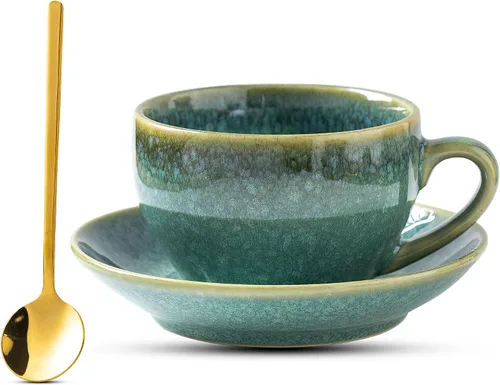 Miniatura 16 de Taza de Cerámica para Arte Latte con Platillo - 10 oz, Fondo Redondo para Vertidos Perfectos - Tazas de Café para Capuchino, Espresso, Café, Té