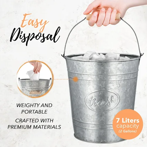 Miniatura 7 de Autumn Alley - Bote de basura galvanizado Cesta de basura de baño pequeña Anillos en relieve, su etiqueta ovalada y el mango de madera torneada