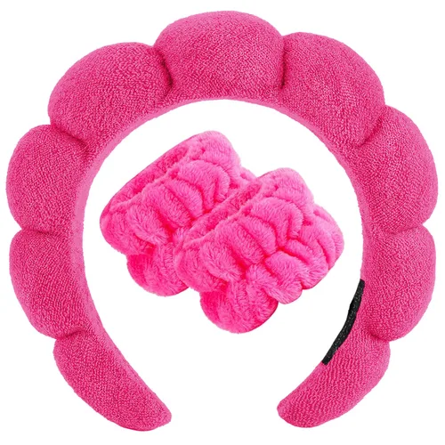Miniatura 26 de Zkptops Diadema de Spa para Lavar la Cara Muñequera Esponja Maquillaje Cuidado de la Piel Diadema de Tela de Rizo Burbuja Suave Prepárate Diadema