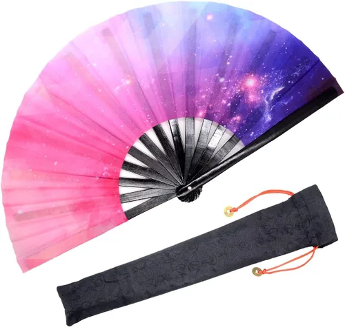 Miniatura 22 de OMyTea Ventilador de mano plegable grande Rave Clack para hombres y mujeres, ventilador de mano de bambú chino japonés - para EDM, festival de Aurora