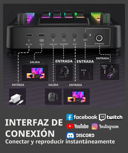 Miniatura 3 de PUPGSIS - Mezclador de audio para juegos, interfaz de audio para PC, interfaz de micrófono dinámico TRS de 1/4 pulgadas, tablero de sonido