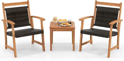 HAPPYGRILL Juego de 3 sillas de mimbre para patio con mesa auxiliar de madera de acacia, sofá al aire libre para patio, jardín, porche, junto a la