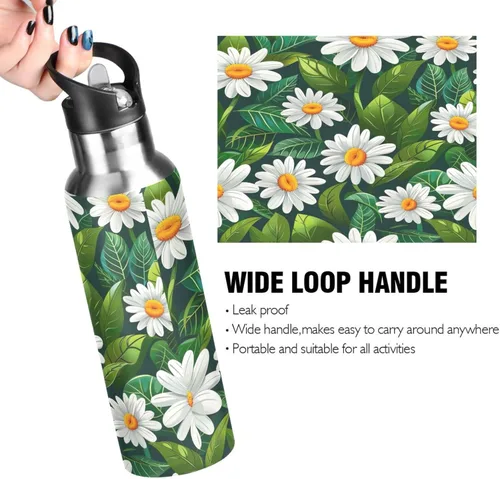 Miniatura 4 de BPA-Free Sports Water Bottle 32 Oz, Insulated Stainless Steel Water Bottle with Straw for Gym Outdoor Travel School, White Daisy Flowers Green Leaves