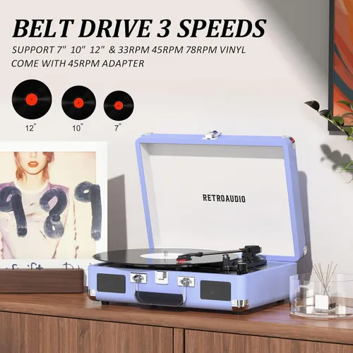 Miniatura 4 de Tocadiscos de Vinilo de 3 Velocidades Bluetooth Portátil Estilo Maleta Accionado por Correa con 2 Altavoces Estéreo Incorporados Tocadiscos