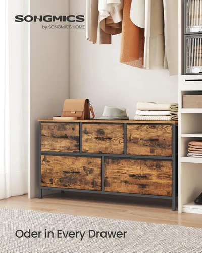 Miniatura 3 de SONGMICS Cómoda para dormitorio, cómoda, acero, MDF, 5 cajones de tela no tejida, unidad organizadora de almacenamiento, armario, entrada, marrón