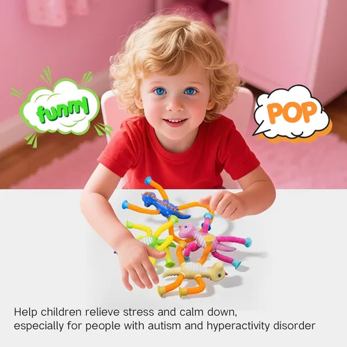 Miniatura 5 de DoDoMagxanadu Tubos Pop Tubes Fidget Toys para niños, paquete de 4 juguetes telescópicos con ventosa para edades de 3, 4, 5, 6, 7, juguetes