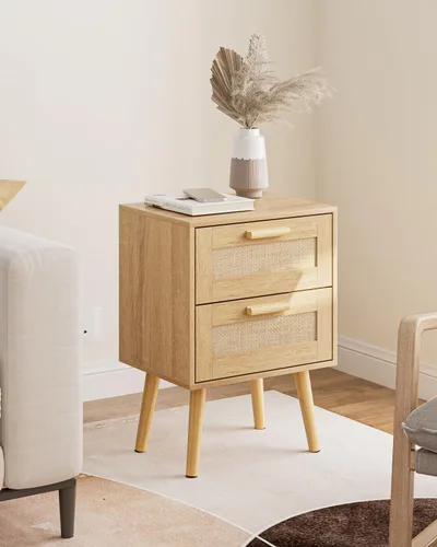 Miniatura 9 de Masupu Mesita de noche de ratán, moderna mesita de noche bohemia con 2 cajones, mesa auxiliar pequeña para dormitorio, sala de estar, oficina
