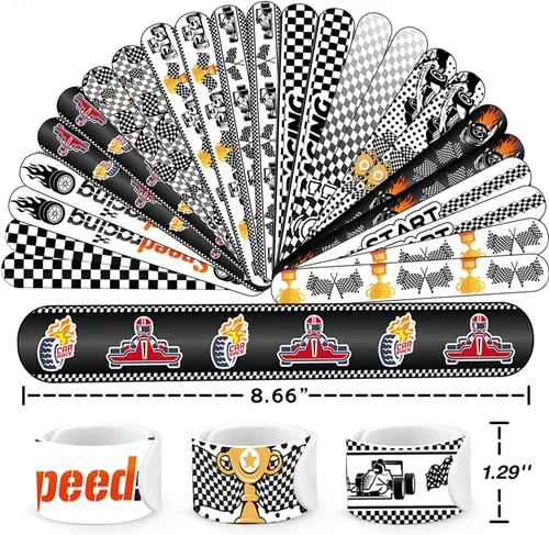 Miniatura 2 de Juego de 74 piezas de recuerdos de fiesta de autos de carreras, 24 pulseras de carreras, 50 calcomanías de autos de carreras, pulseras y paquete