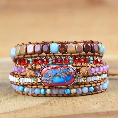 Miniatura 5 de ZOSOJONA Pulsera envolvente para mujer, estilo bohemio, con cuentas de cristal de jaspe natural, Cuero, Ágata