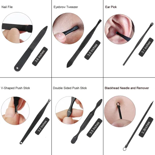 Miniatura 5 de ZIZZON Juego de manicura mini de viaje, juego de cortauñas 10 en 1 de acero inoxidable, kit de cuidado de pedicura y aseo con estuche Negro-Amarillo