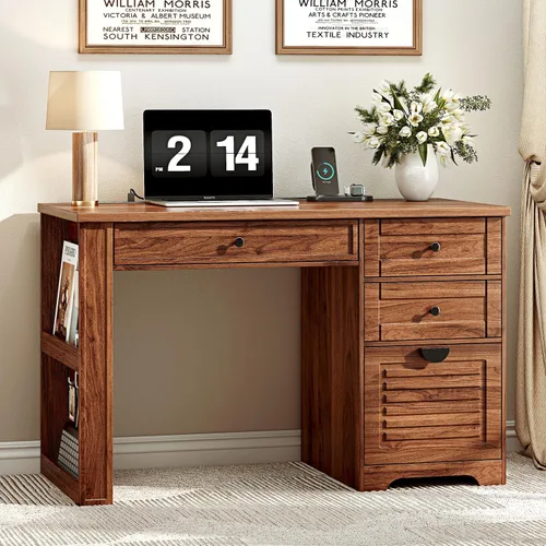 Ieejdn 47" Home Office Desks, Executive Desk, Farmhouse Computer Desk with Drawers and Charging Station, File Drawer, Storage Cabinet, Rustic
