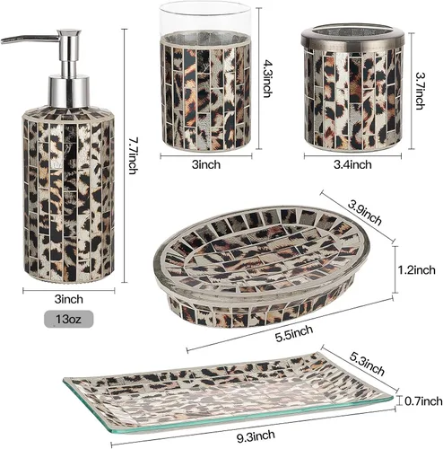 Miniatura 2 de KMWARES Juego de accesorios decorativos de baño de vidrio de mosaico de 5 piezas, incluye dispensador de jabón Hande y vaso, bandeja para jabón