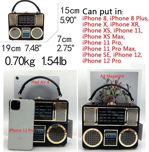 Miniatura 2 de Estuche rígido vintage de acrílico para radio bolso de mano para mujer bolso cruzado de hombro Negro