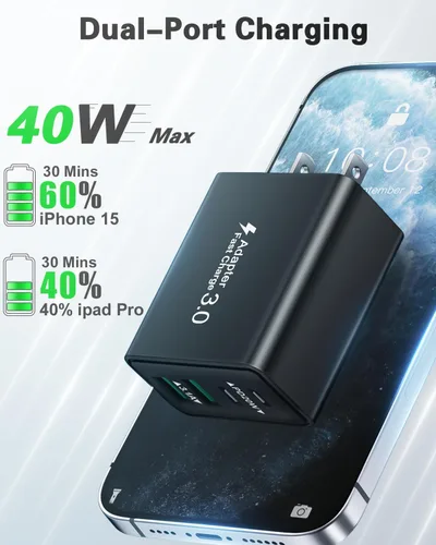 Miniatura 2 de Bloque de carga USB C, cargador de pared USB C de 40 W, adaptador de corriente PD de doble puerto, enchufe de pared QC USB C, bloque de carga rápida