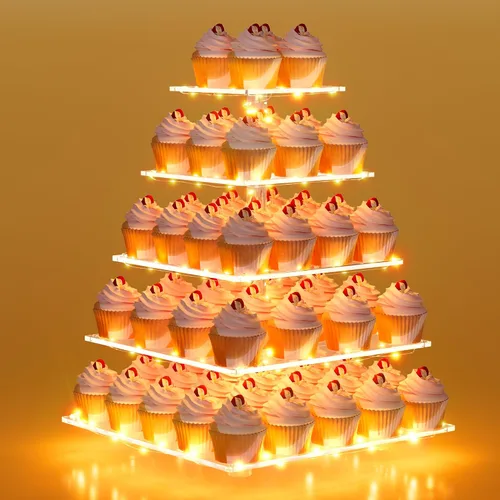 Miniatura 10 de weddingwish Soporte para cupcakes, soporte cuadrado de acrílico de 4 niveles con cadena de luces LED, torre de postre para pastelería