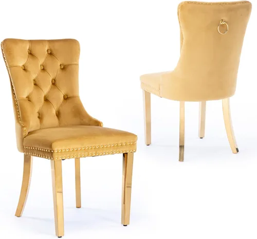 Miniatura 134 de Juego de 4 Sillas de Comedor de Terciopelo Tapizadas con Capitoné, Sillas Laterales de Cocina con Ribete de Tachuelas y Patas Chapadas en Oro