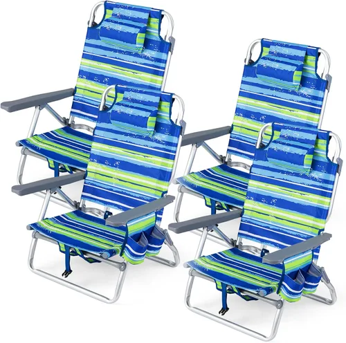Miniatura 21 de Goplus Silla de playa, mochila plegable para adultos, sillas de playa con posiciones ajustables, almohada para la cabeza, bolsa refrigeradora
