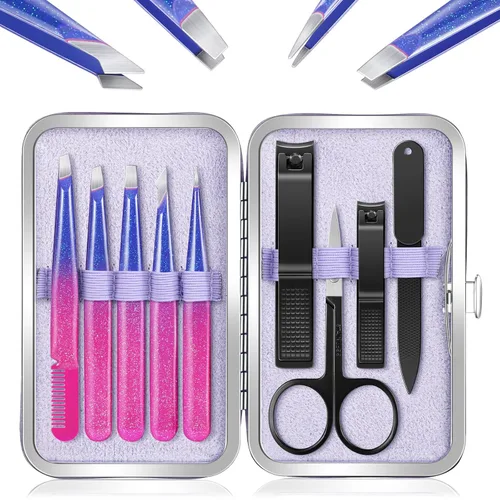 Miniatura 10 de MORGLES Juego de pinzas y cortaúñas con estuche para hombres y mujeres, 9 piezas de pinzas profesionales de acero inoxidable sin separación