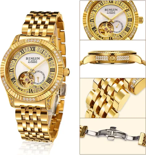 Miniatura 16 de BINLUN Reloj de pulsera para hombre, mecánico automático, reloj dorado con cuerda automática, elegante, chapado en oro de 18 quilates, relojes