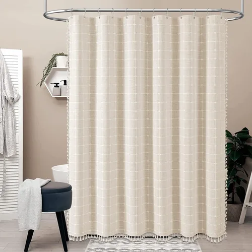 Miniatura 2 de BTTN Juego de cortinas de ducha estilo bohemio de granja con borlas, tela rústica de lino resistente, repelente al agua, cortinas de ducha gruesas A