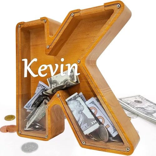 Miniatura 83 de Alcancía para niños y niñas, alcancía grande de madera personalizada con diseño recortado, bancos de monedas con letras del alfabeto, caja de ahorro