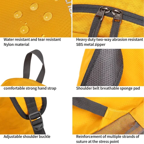 Miniatura 4 de FENGDONG mochila ligera plegable impermeable de 35L, mochila de senderismo pequeña para viajes, para hombres y mujeres A10-amarillo