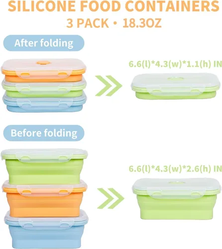 Miniatura 2 de KIGI Paquete de 3: recipientes plegables de silicona para almacenamiento de alimentos de 18.3 onzas con tapas, recipientes para preparación