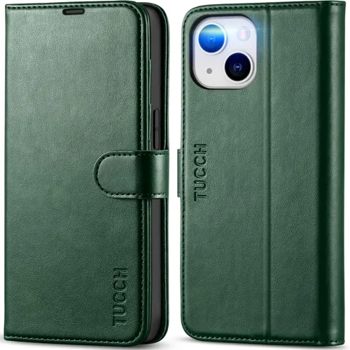 Miniatura 20 de TUCCH Funda tipo billetera para iPhone 14, [Bloqueo RFID] [4 ranuras para tarjetas] Funda protectora interior de TPU, funda abatible magnética