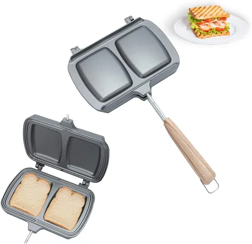 Sartén de doble cara, sartén para hornear sándwich, sartén de aluminio con tapa abatible antiadherente, sartén de doble cara para panqueques de