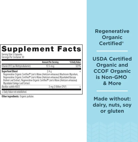 Miniatura 2 de Ancient Nutrition Cápsulas cerebrales enfocadas certificadas orgánicas regenerativas, hechas con hoja de ginkgo, melena de león para ayudar a