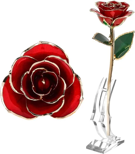 Fydun Rosa dorada para adultos mayores, hoja verde, tallo largo, sumergida en oro de 24 quilates, en caja de regalo con soporte transparente, rosas
