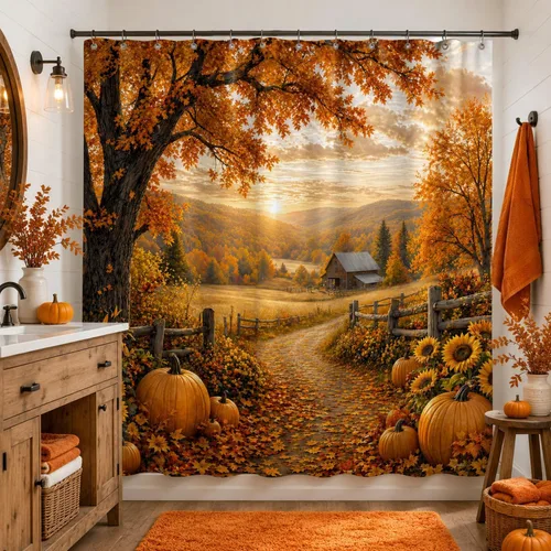 Miniatura 5 de Autumn Pumpkin Shower Curtain, Fall Farmhouse Bathroom Curtain, Thanksgiving Harvest Sunflower Maple Leaves Country Road Waterproof Polyester Fabric
