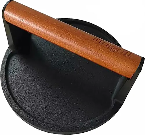 Firsgrill Prensa para Hamburguesas 6.6" Redonda de Hierro Fundido Resistente para Aplastar Carne Bistec con Mango de Madera para Parrillas Redondo