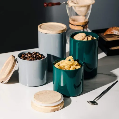 Miniatura 3 de Sweejar Kitchen Canisters - Tarro de cerámica para almacenamiento de alimentos, recipientes apilables con tapa de madera de cierre hermético