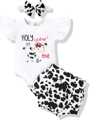 Miniatura 14 de Conjunto de ropa para bebé niña de 1er cumpleaños con mangas con volantes + pantalones cortos estampados + diadema para tartas