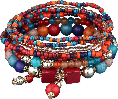 Pulseras apilables de cuentas para hombre y mujer, juego de pulseras elásticas multicapa, multicolor, morado y dorado (G, talla única)