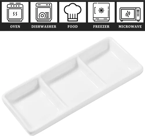 Miniatura 3 de DOITOOL 2 platos de cerámica para servir, 3 compartimentos, bandejas para servir aperitivos, platos de salsa divididos rectangulares blancos